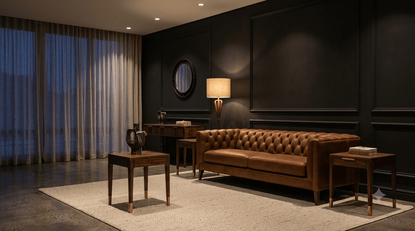 A styled living room with cognac leather Chesterfield sofa, walnut side tables and charcoal paneled walls